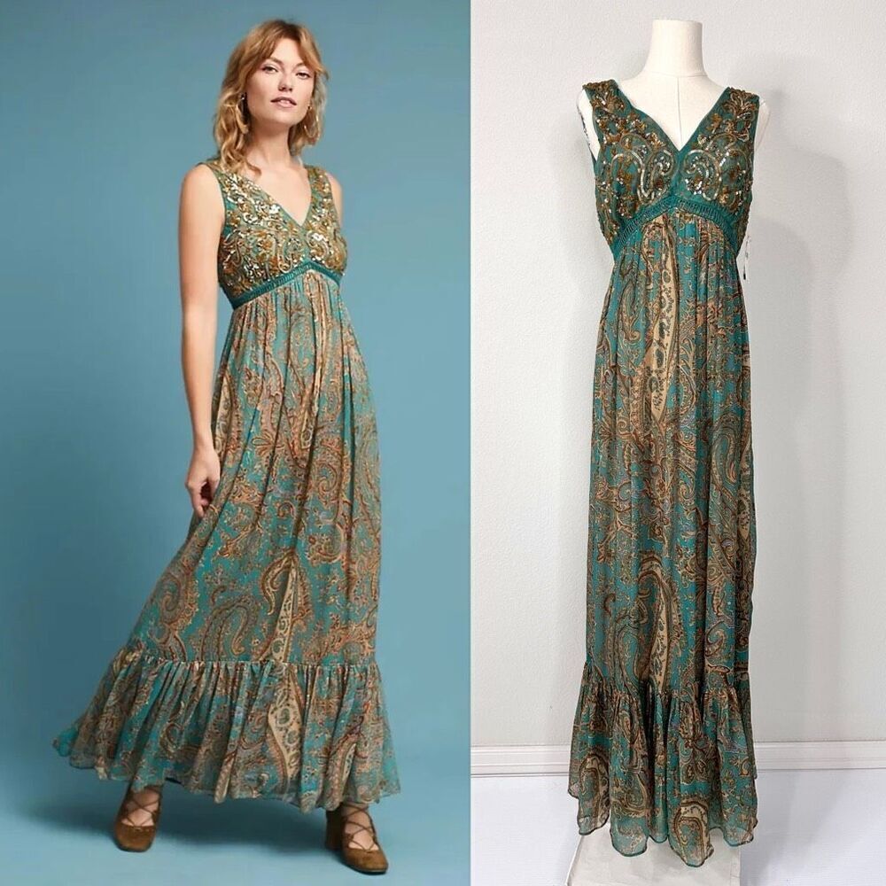 NWT Anthropologie Ranna Gill Beaded Maxi Dress 4 Whimsygoth Wedding Fairy Boho
